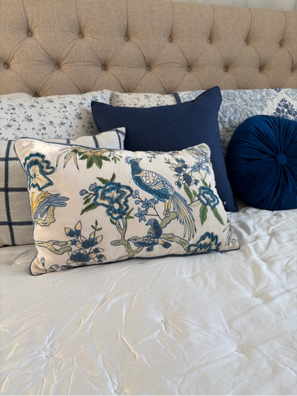 Magaschoni Blue, Cream & Green Embroidered Bird Accent Pillow